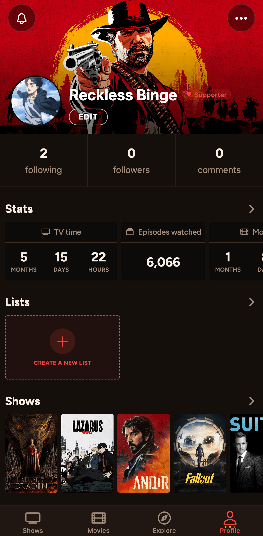 BingeYogi profile screen with watch-time, episodes watched, movie totals, lists, and a shows shelf