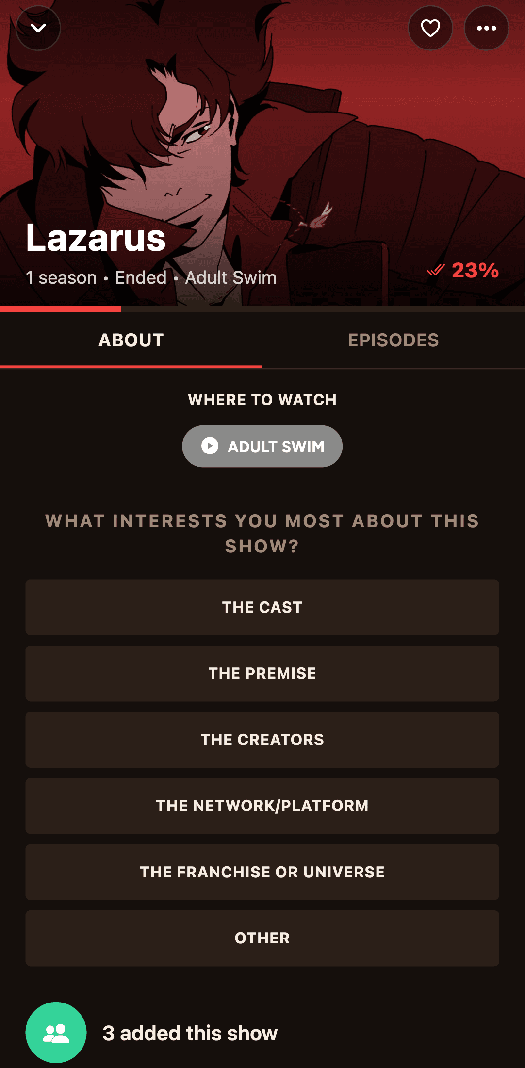 BingeYogi Lazarus show page with progress, where-to-watch, tabs, and an interest poll